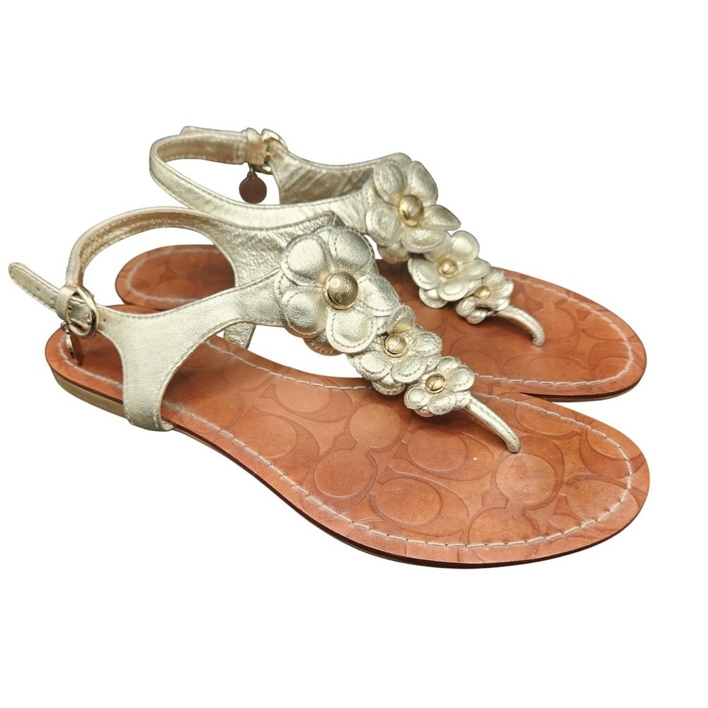 Coach Omega Sandals Shoes Womens Size 8‎ Gold Leather Thong Flower Embellished